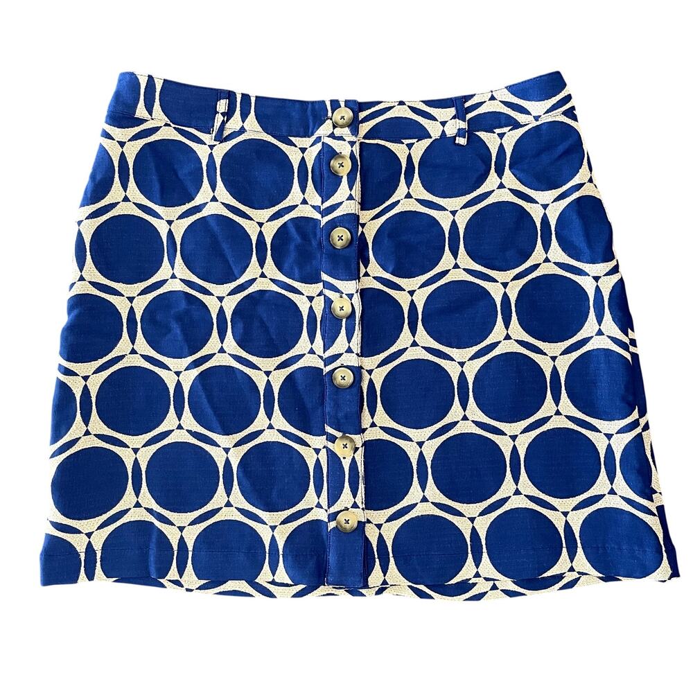 Anthropologie Maeve Kandinsky Blue Mini Skirt Button Front Linen Blend Size 14